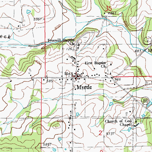 Topographic Map of Myrtle, MO