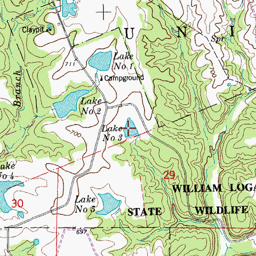 Topographic Map of Number Three Lake, MO