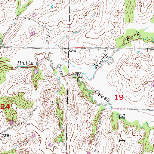 Topographic Map of North Fork Batts Creek, MO