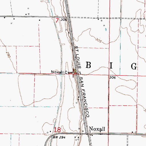 Topographic Map of Noxall Cemetery, MO