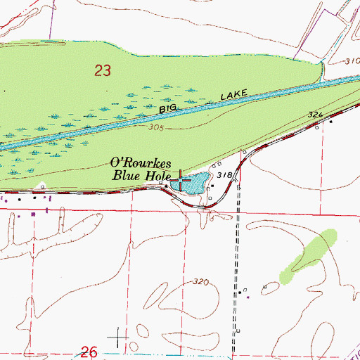 Topographic Map of O'Rourkes Blue Hole, MO