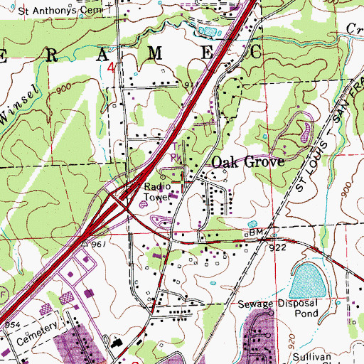 Topographic Map of Oak Grove Village, MO