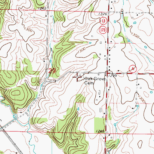 Topographic Map of Oak Grove Cemetery, MO