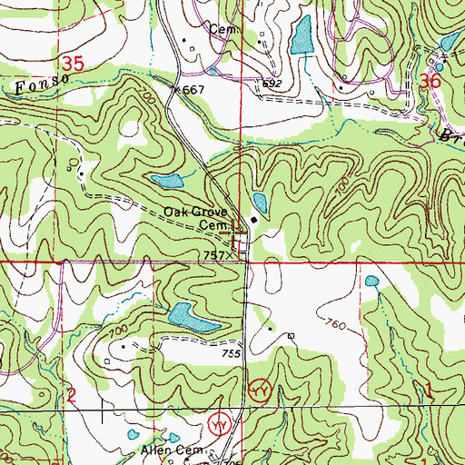 Topographic Map of Oak Grove Cemetery, MO