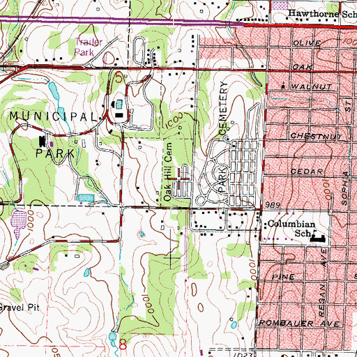 Topographic Map of Oak Hill Cemetery, MO