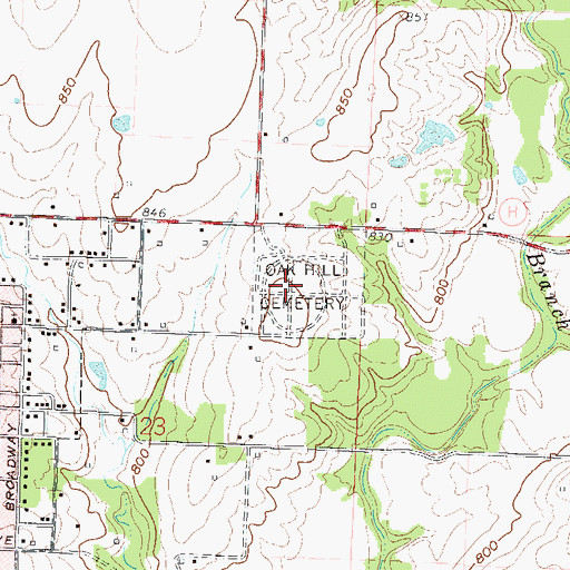 Topographic Map of Oak Hill Cemetery, MO