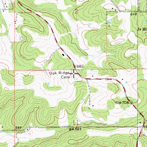 Topographic Map of Oak Ridge Cemetery, MO