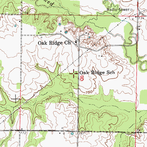 Topographic Map of Oak Ridge School, MO