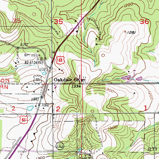 Topographic Map of Oakdale Church, MO
