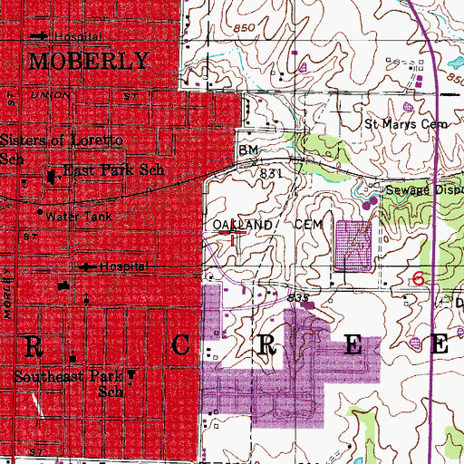 Topographic Map of Oakland Cemetery, MO