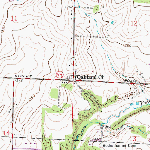 Topographic Map of Oakland Church, MO