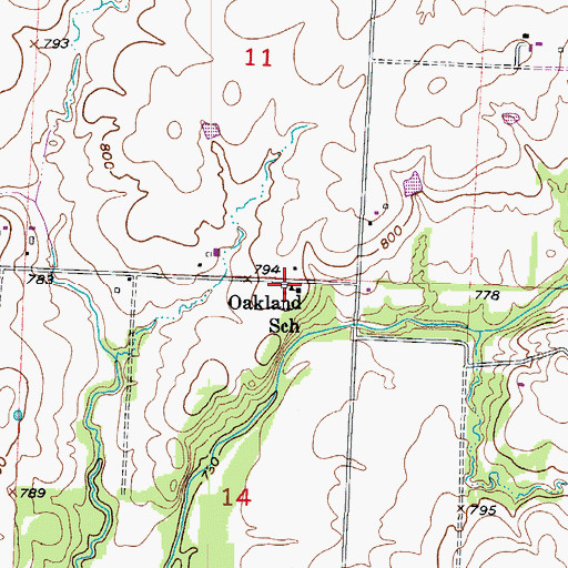 Topographic Map of Oakland School (historical), MO