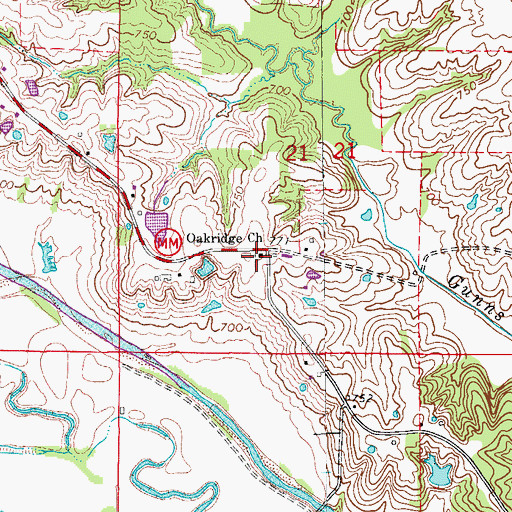 Topographic Map of Oakridge Church, MO