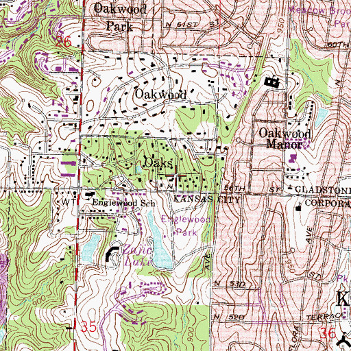 Topographic Map of Oaks, MO