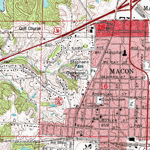 Topographic Map of Oakwood Cemetery, MO