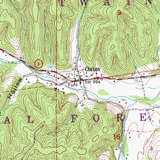 Topographic Map of Oates, MO