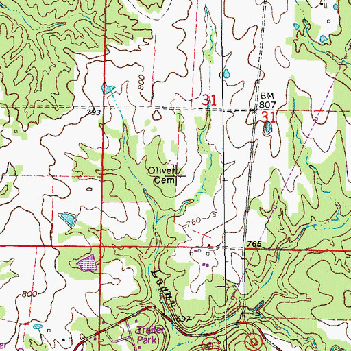 Topographic Map of Oliver Cemetery, MO