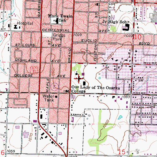 Topographic Map of Our Lady of the Ozarks College (historical), MO
