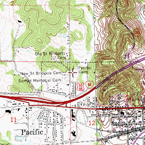 Topographic Map of Pacific Cemetery, MO