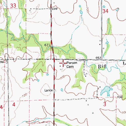Topographic Map of Parson Cemetery, MO