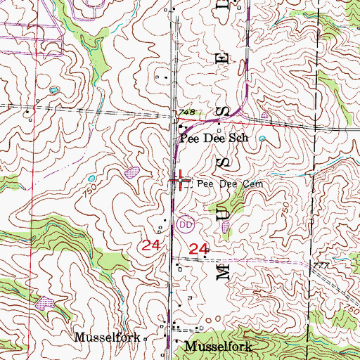 Topographic Map of Musselfork Cemetery, MO