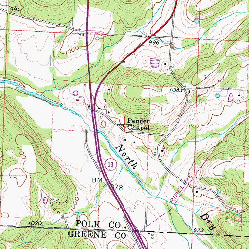 Topographic Map of Pender Chapel, MO