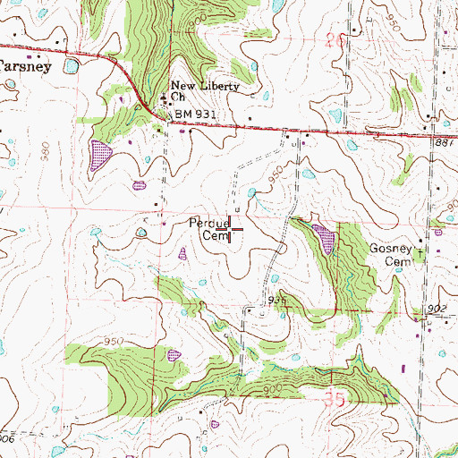 Topographic Map of Perdue Cemetery, MO