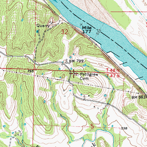 Topographic Map of Pettigrew Cemetery, MO
