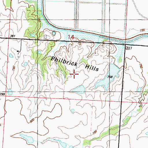 Topographic Map of Philbrick Hills, MO