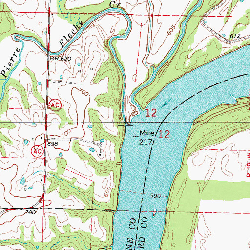 Topographic Map of Pierre Fleche Creek, MO