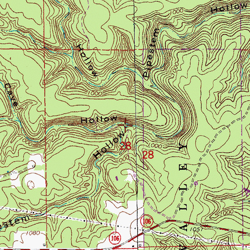Topographic Map of Pipestem Hollow, MO