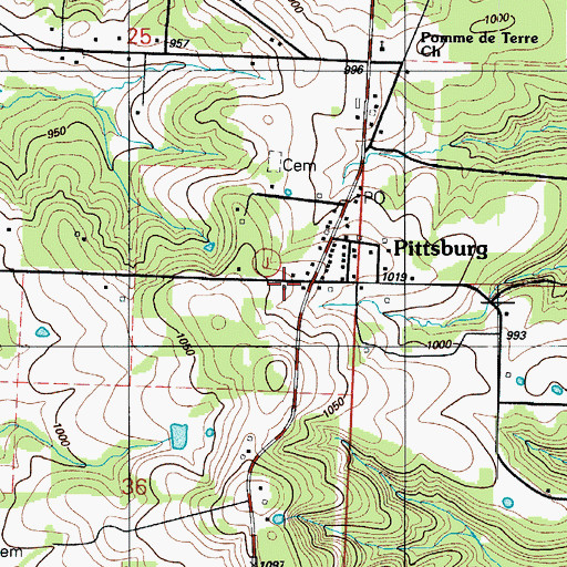 Topographic Map of Pittsburg, MO