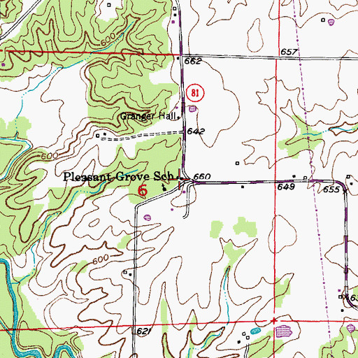 Topographic Map of Pleasant Grove School, MO