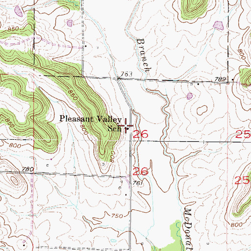 Topographic Map of Pleasant Valley School, MO