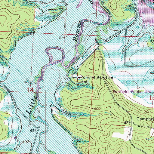 Topographic Map of Pomme de Terre Hall, MO