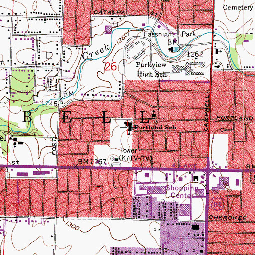 Topographic Map of Portland School, MO