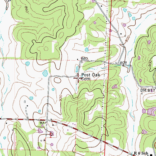 Topographic Map of Post Oak Cemetery, MO