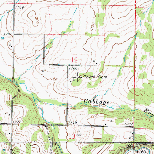 Topographic Map of Powell Cemetery, MO