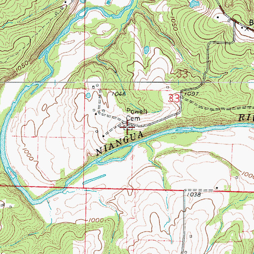Topographic Map of Powell Cemetery, MO