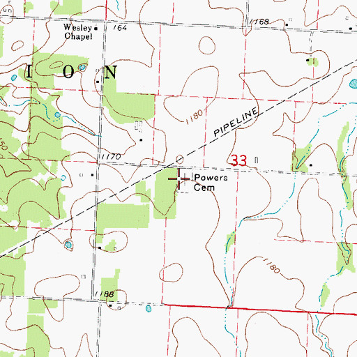Topographic Map of Powers Cemetery, MO