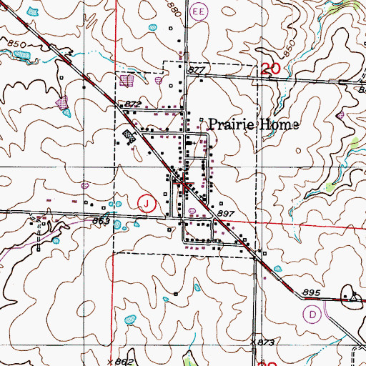 Topographic Map of Prairie Home, MO