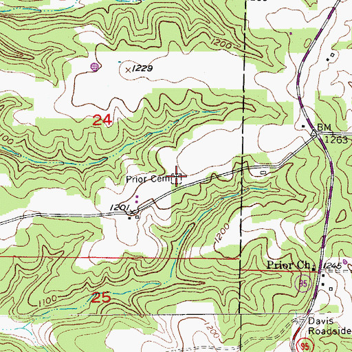 Topographic Map of Prior Cemetery, MO