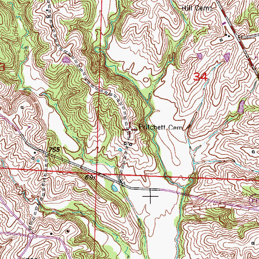 Topographic Map of Pritchett Cemetery, MO