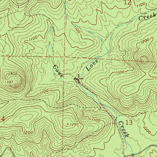 Topographic Map of Love Creek, AR