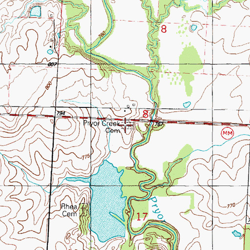Topographic Map of Pryor Creek Cemetery, MO
