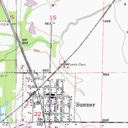 Topographic Map of Purvis Cemetery, MO