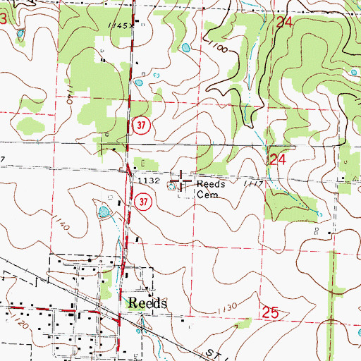 Topographic Map of Reeds Cemetery, MO