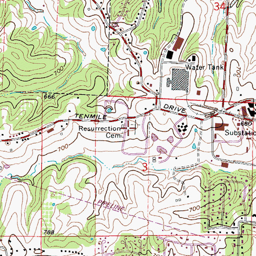 Topographic Map of Resurrection Cemetery, MO