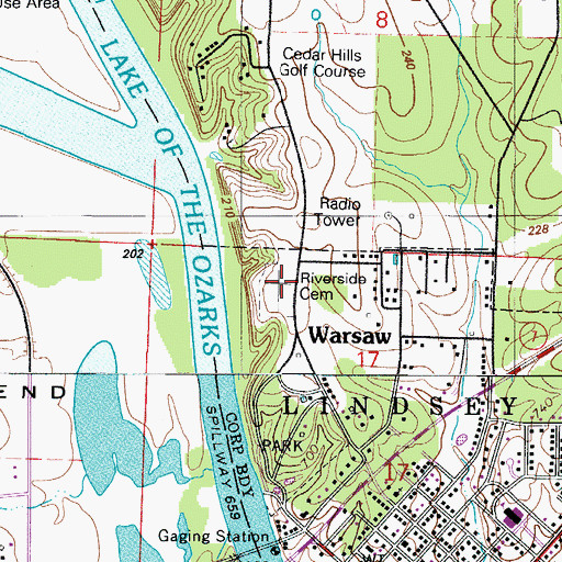 Topographic Map of Riverside Cemetery, MO