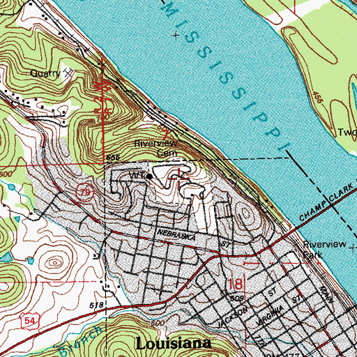 Topographic Map of Riverview Cemetery, MO
